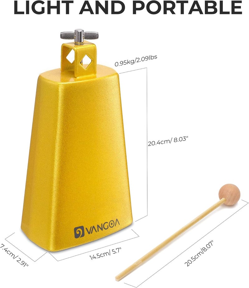 Vangoa 8 Inch Steel Cowbell with Sticks Cheering Bell for Sports Events Large Solid School Bells & Chimes Percussion Musical Instruments Call Bell Alarm, Gold - Image 2